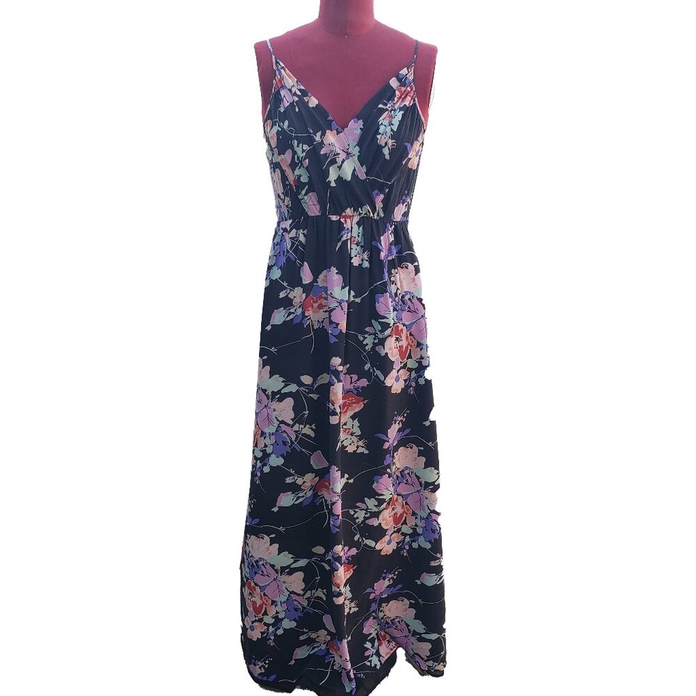 Yumi Kim Maxi Dress Black Silk Floral V Neck Sleeveless Pockets Medium